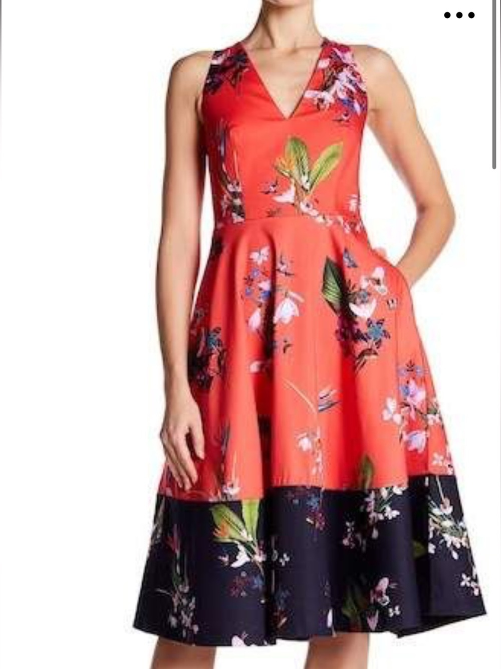 EUC Fun and Flirty Ted Baker Coral & Navy Floral V-Neck Midi Dress size 0
